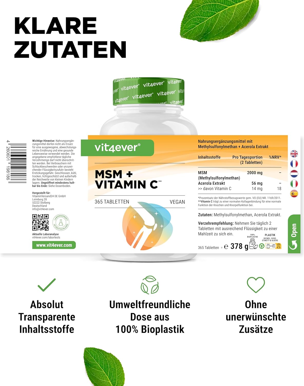 Vit4ever MSM + Vitamina C 1000 mg – 365 compresse – Nährwerte