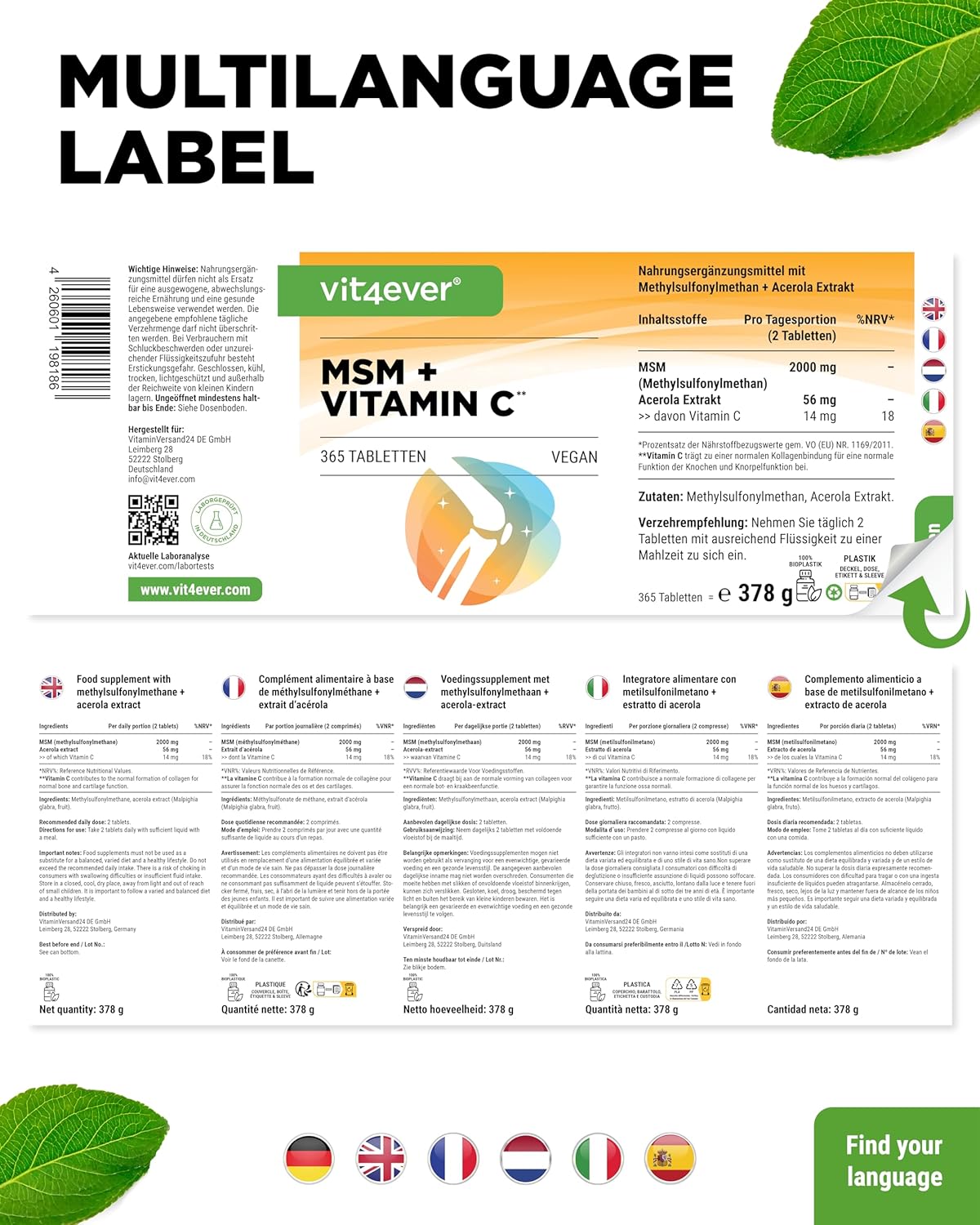 Vit4ever MSM + Vitamina C 1000 mg – 365 compresse – Rückseite