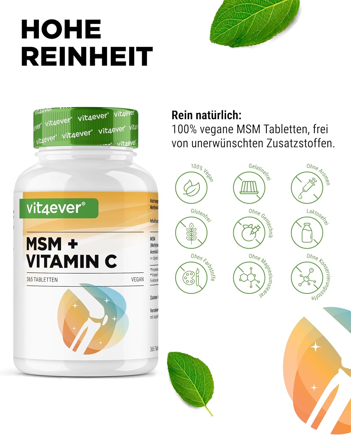 Vit4ever MSM + Vitamina C 1000 mg – 365 compresse – Internationales Etikett