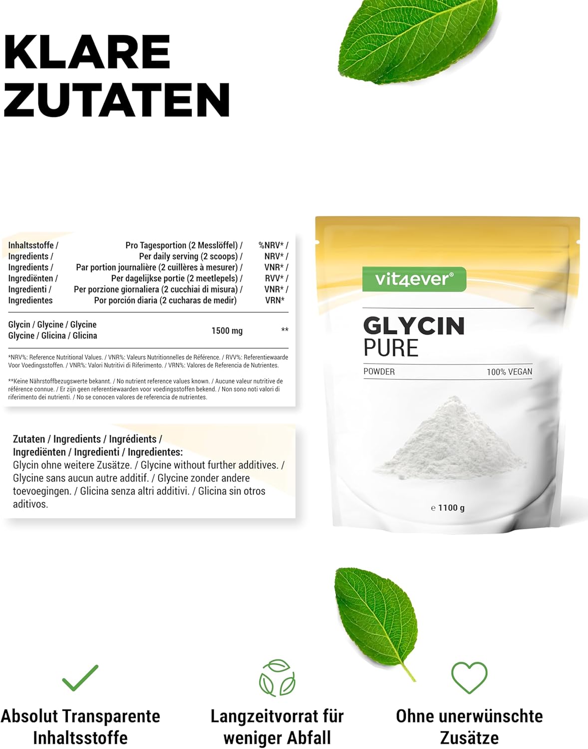 Vit4ever Glicina em pó – 1000 g – Nährwerte