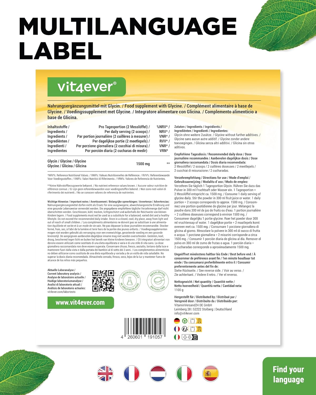 Vit4ever Glicina em pó – 1000 g – Rückseite