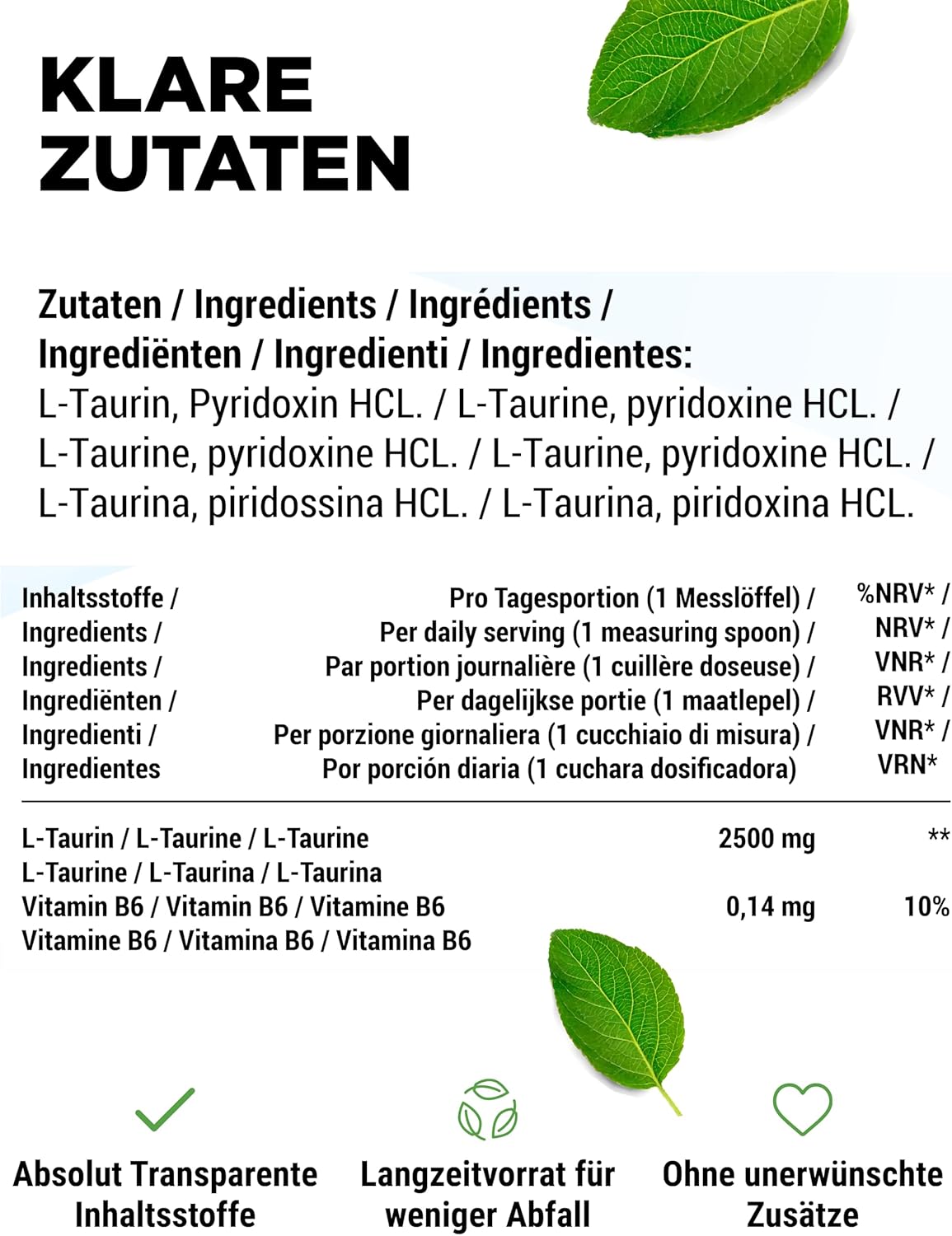 Vit4ever Taurina en polvo – 1000 g – Nährwerte