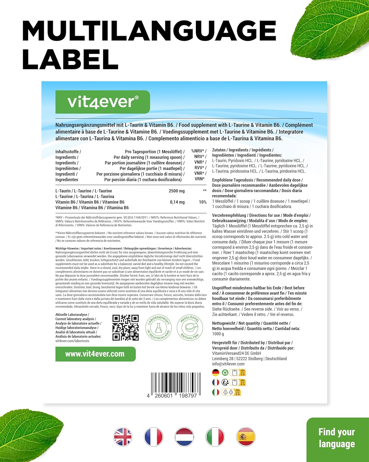 Vit4ever Taurina en polvo – 1000 g – Rückseite