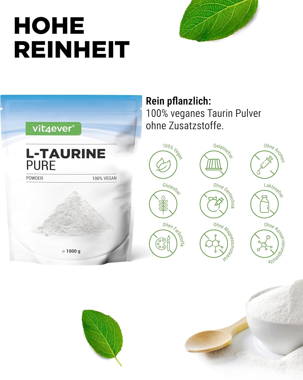 Vit4ever Taurina en polvo – 1000 g – Internationales Etikett