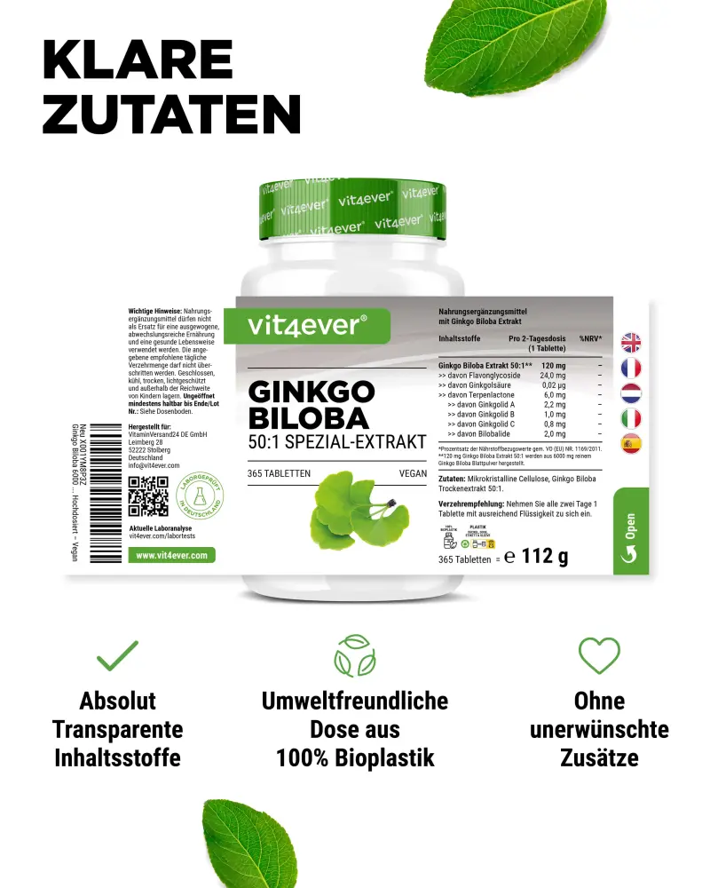 Vit4ever Ginkgo Biloba 50:1 Extract – 365 Tablets – Nährwerte