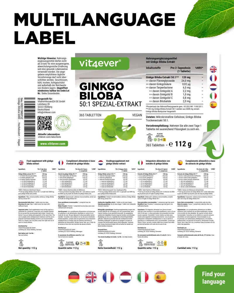Vit4ever Ginkgo Biloba 50:1 Extract – 365 Tablets – Rückseite