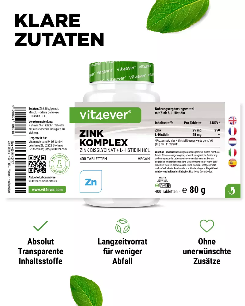 Vit4ever Complesso di zinco 25 mg – 400 compresse – Nährwerte