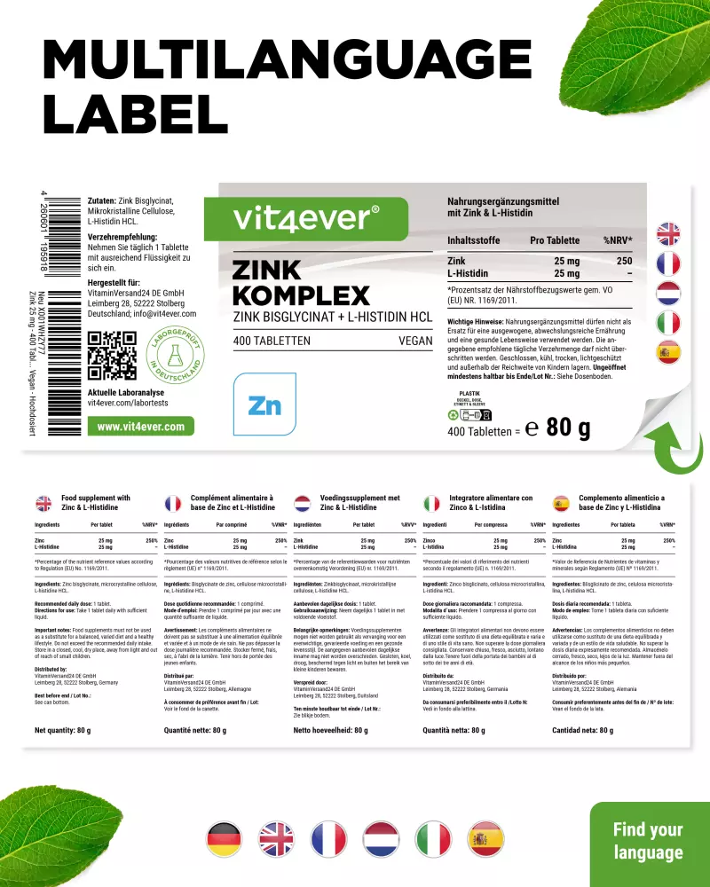 Vit4ever Complesso di zinco 25 mg – 400 compresse – Rückseite