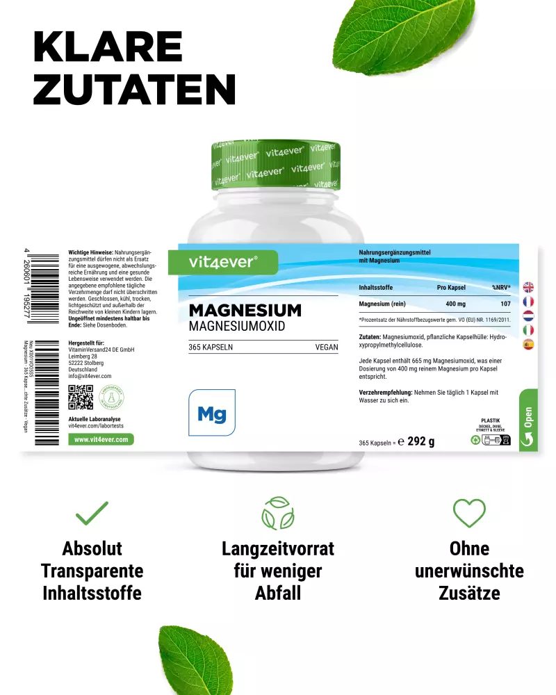 Vit4ever Magnesiumoxide – 365 capsules – Nährwerte