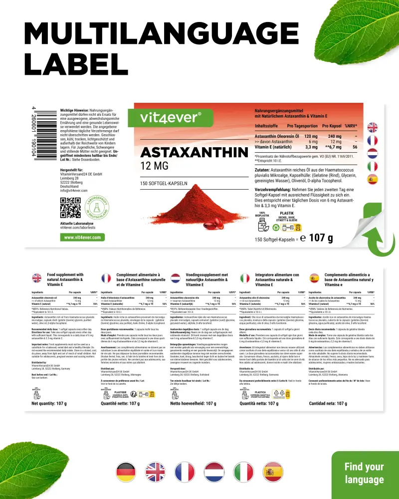 Vit4ever Astaxanthin – 150 capsules – Rückseite