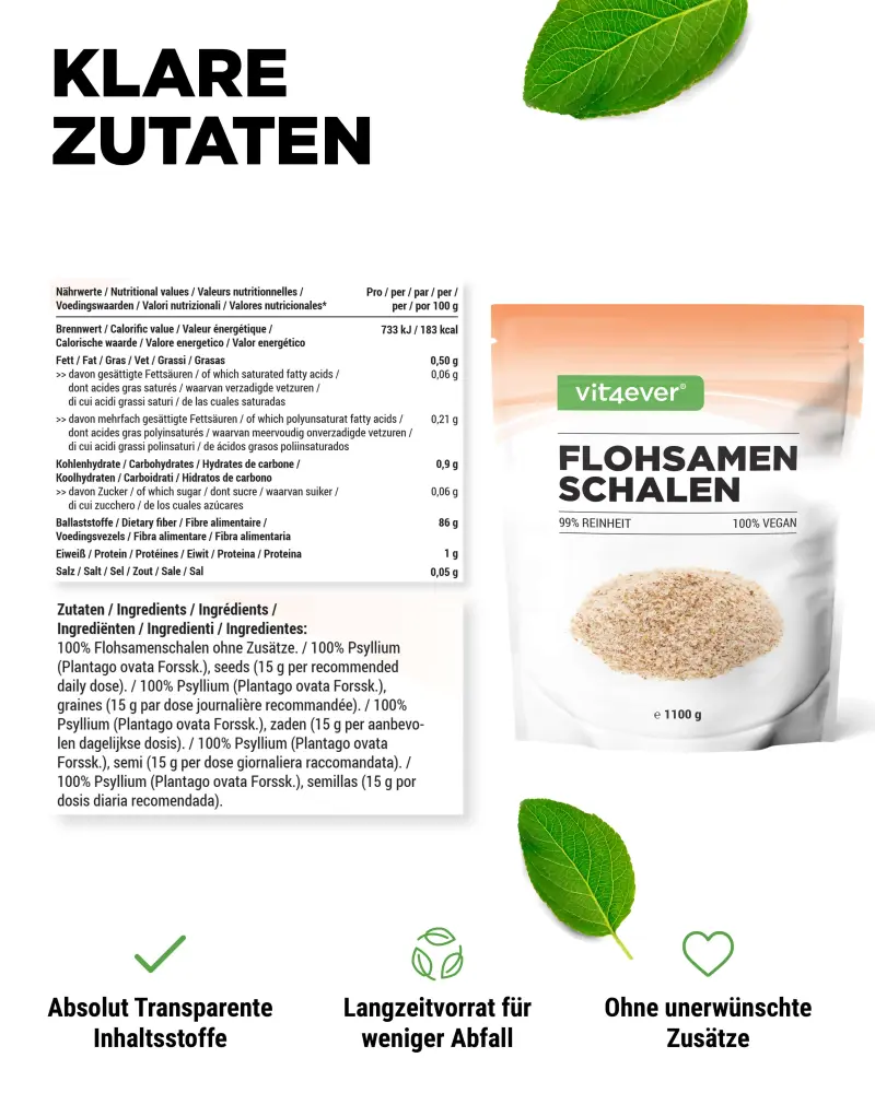 Vit4ever Psylliumschillen – 1000 g – Nährwerte