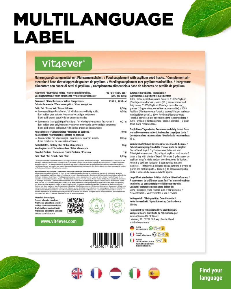 Vit4ever Psylliumschillen – 1000 g – Rückseite