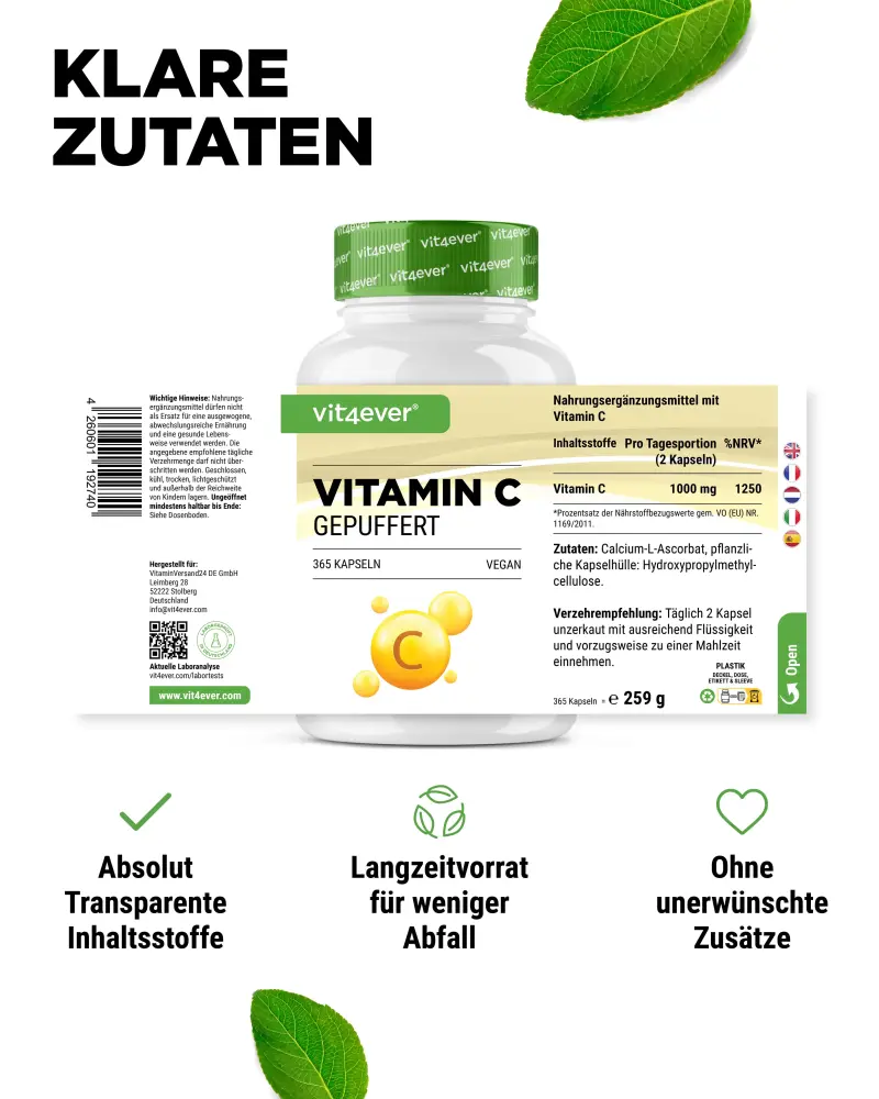 Vit4ever Vitamina C tamponada – 365 cápsulas – Nährwerte
