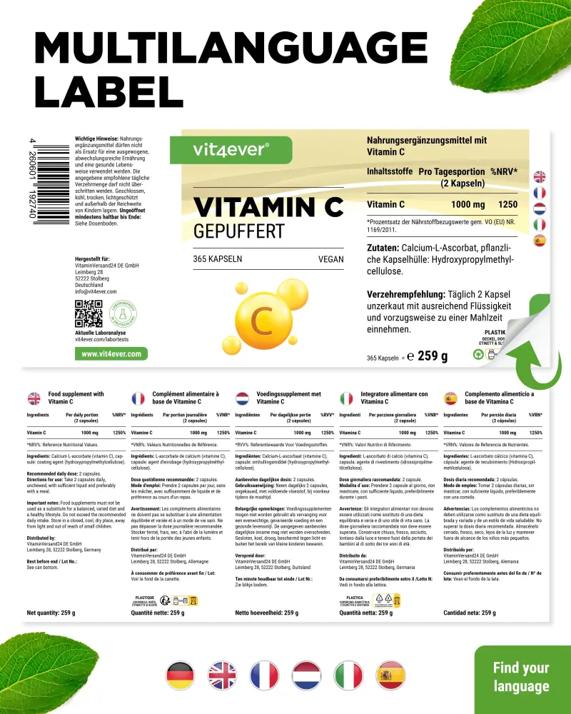 Vit4ever Vitamina C tamponada – 365 cápsulas – Rückseite