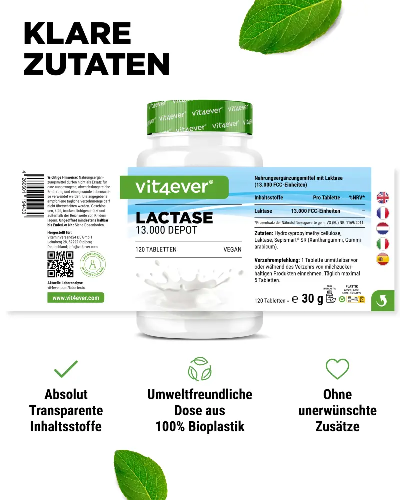 Vit4ever Lactase Depot 13000 – 120 comprimés – Nährwerte