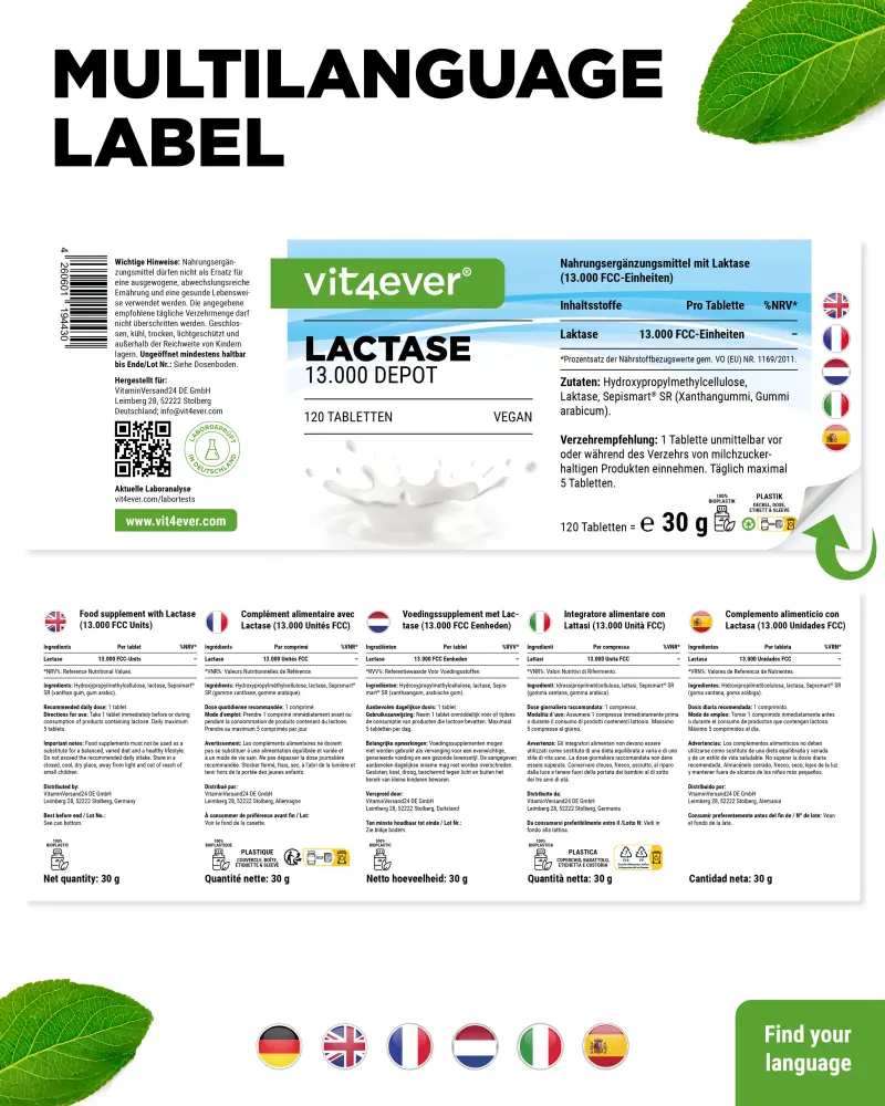 Vit4ever Lactase Depot 13000 – 120 comprimés – Rückseite