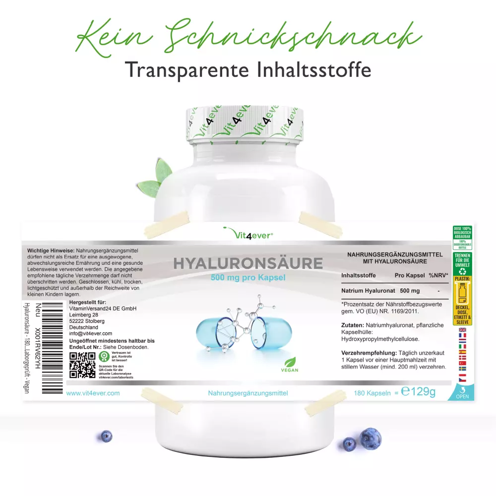 Vit4ever Acido ialuronico – 180 capsule – Nährwerte