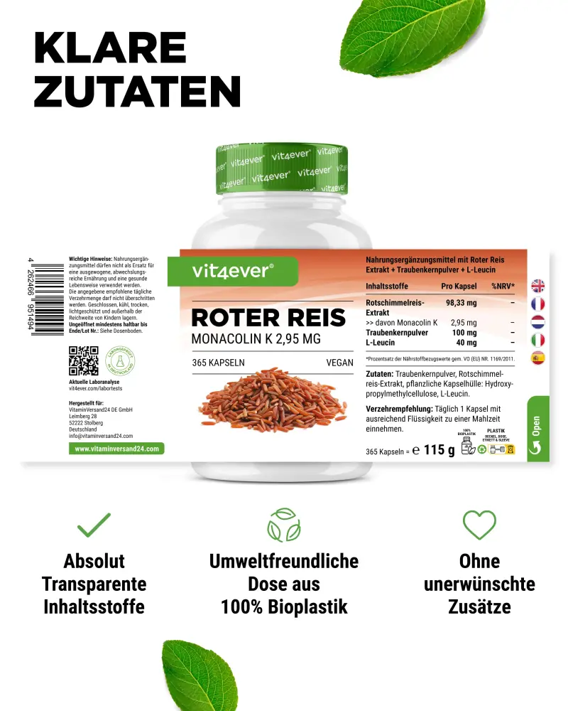 Vit4ever Rode rijstextract – 365 capsules – Nährwerte