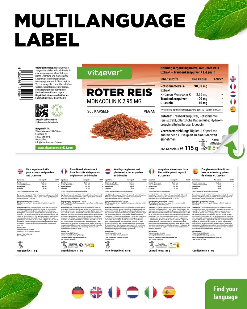 Vit4ever Rode rijstextract – 365 capsules – Rückseite
