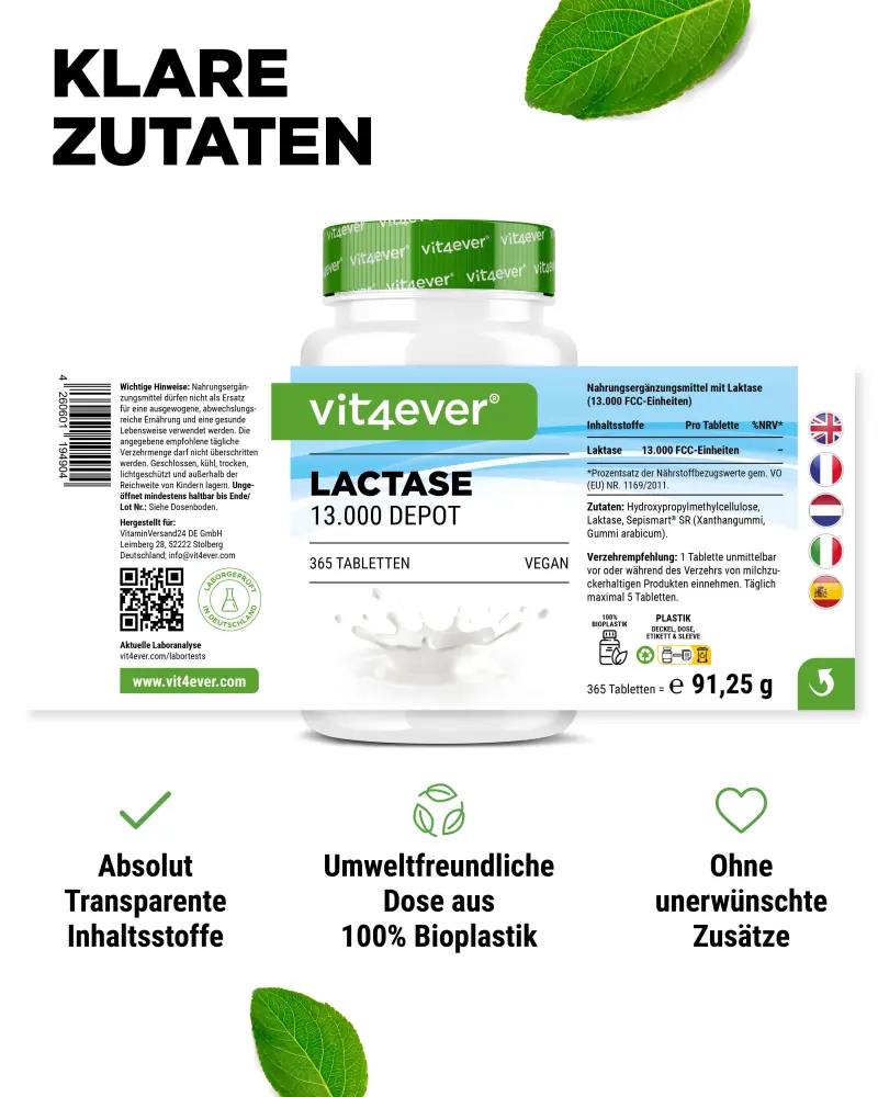 Vit4ever Lactase Depot 13000 – 365 comprimés – Nährwerte