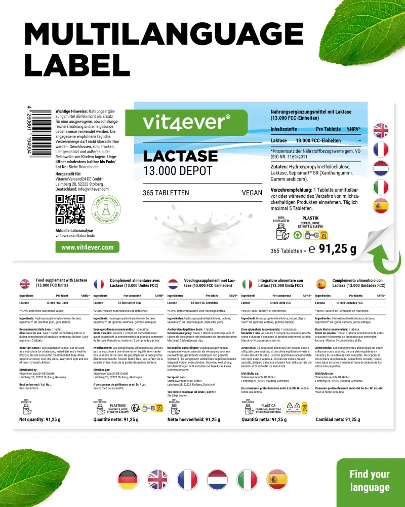 Vit4ever Lactase Depot 13000 – 365 comprimés – Rückseite