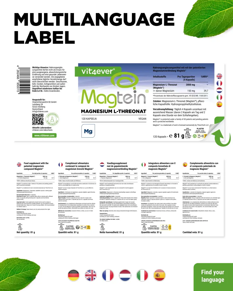 Vit4ever Magtein® Magnésium L-Thréonate – 120 gélules – Rückseite