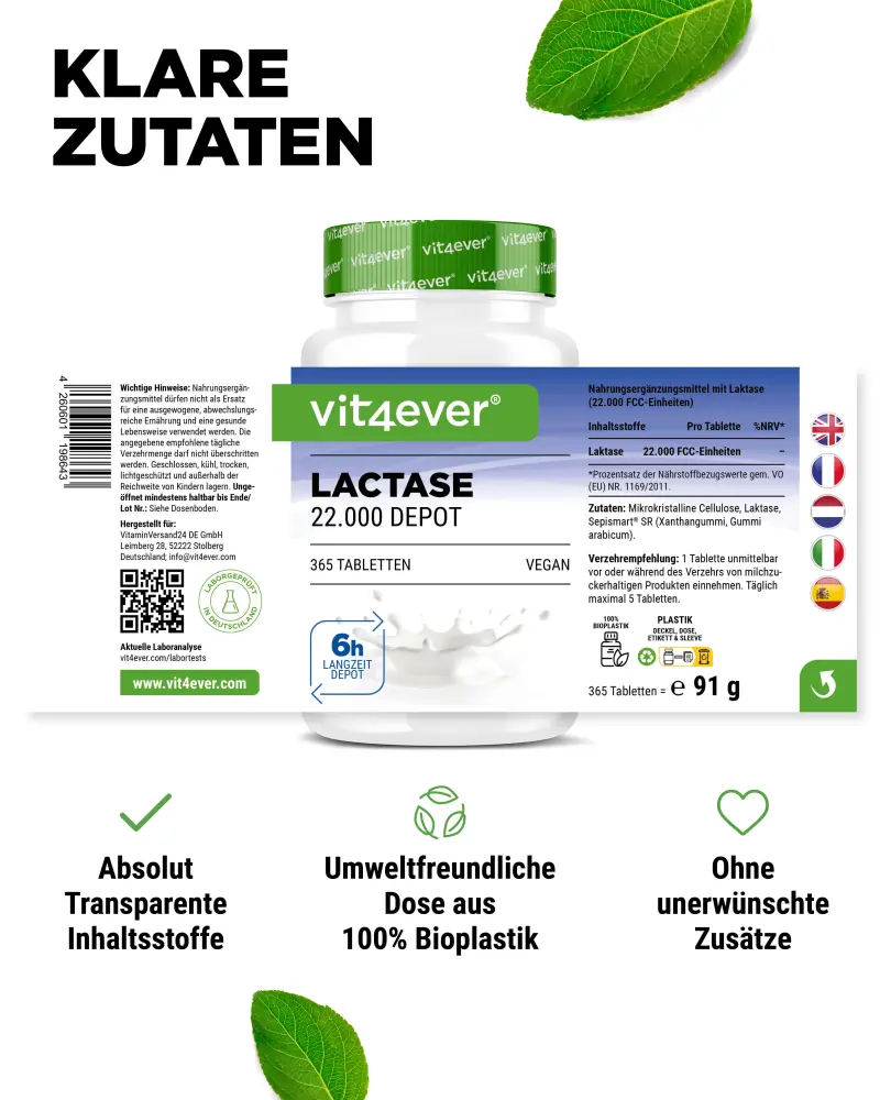 Vit4ever Lactase Depot 22000 – 365 tablets – Nährwerte