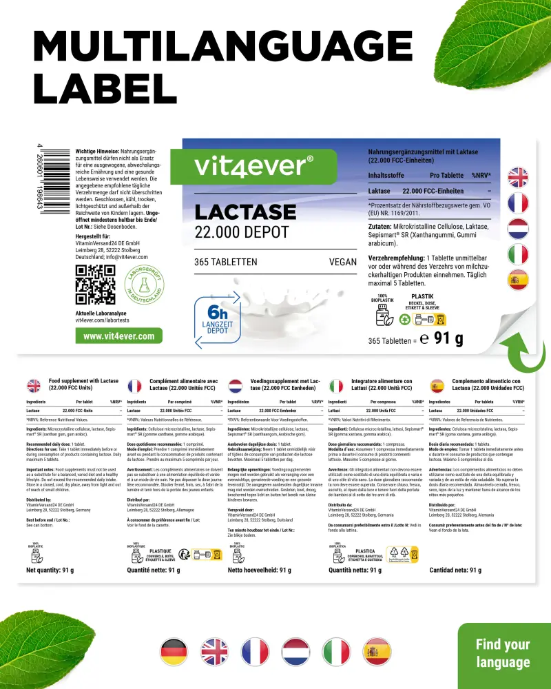 Vit4ever Lactase Depot 22000 – 365 tablets – Rückseite