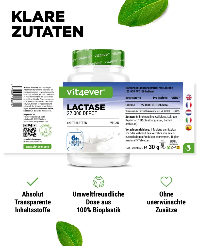 Vit4ever Lactase Depot 22000 – 120 tablets – Nährwerte