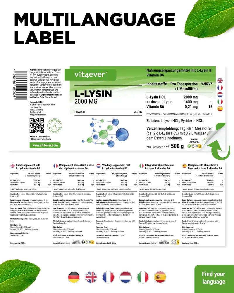 Vit4ever L-lisina HCL in polvere – 500 g – Rückseite